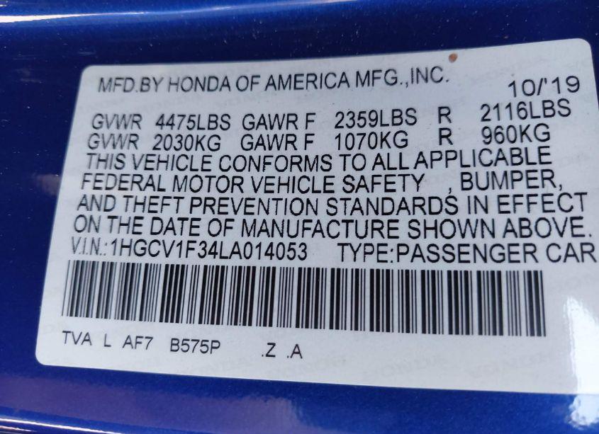 Photo 9 of 2020 Honda Accord SPORT (VIN 1HGCV1F34LA014053)