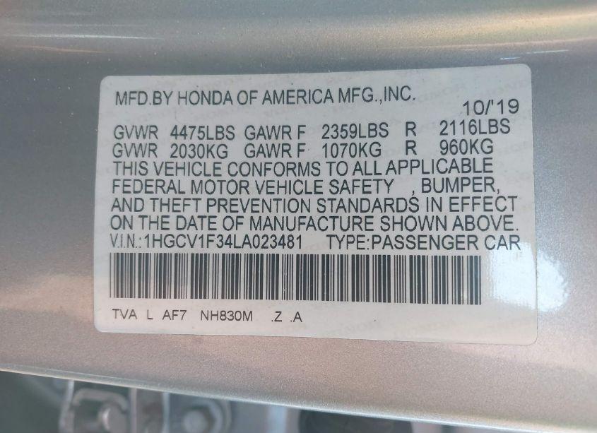 Photo 9 of 2020 Honda Accord SPORT (VIN 1HGCV1F34LA023481)