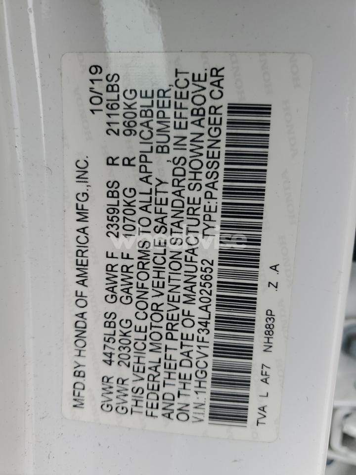 Photo 13 of 2020 HONDA ACCORD SPORT (VIN 1HGCV1F34LA025652)