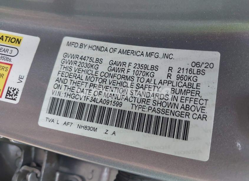 Photo 9 of 2020 Honda Accord SPORT (VIN 1HGCV1F34LA091599)