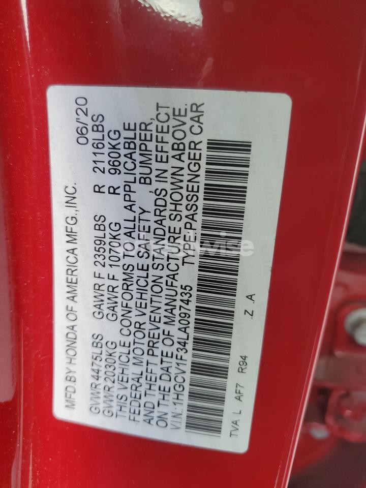 Photo 12 of 2020 HONDA ACCORD SPORT (VIN 1HGCV1F34LA097435)