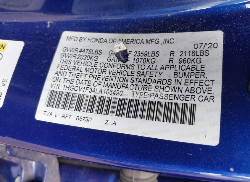 Photo 9 of 2020 Honda Accord SPORT (VIN 1HGCV1F34LA106490)