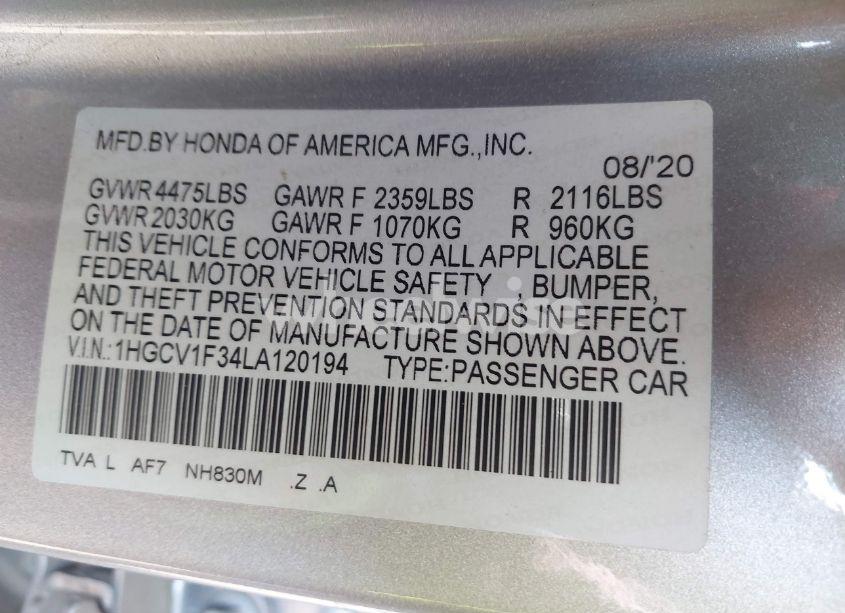 Photo 9 of 2020 Honda Accord SPORT (VIN 1HGCV1F34LA120194)