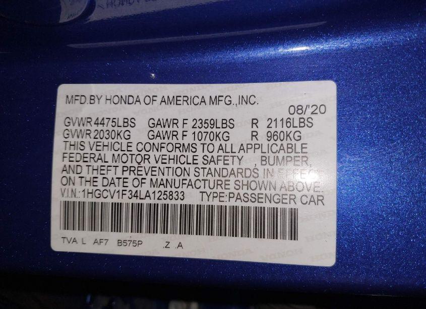Photo 9 of 2020 Honda Accord SPORT (VIN 1HGCV1F34LA125833)