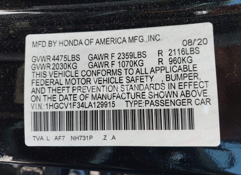 Photo 9 of 2020 Honda Accord SPORT (VIN 1HGCV1F34LA129915)