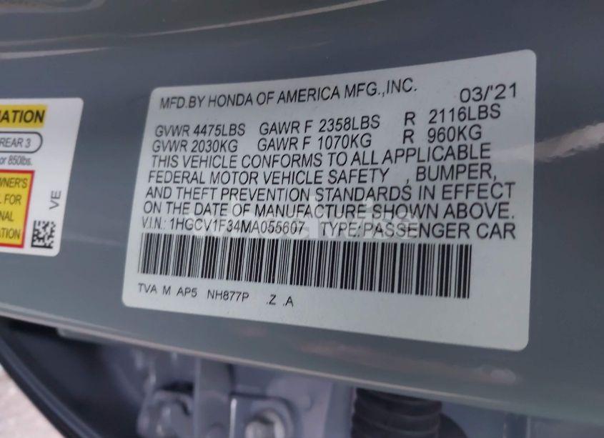 Photo 9 of 2021 Honda Accord SPORT (VIN 1HGCV1F34MA055607)