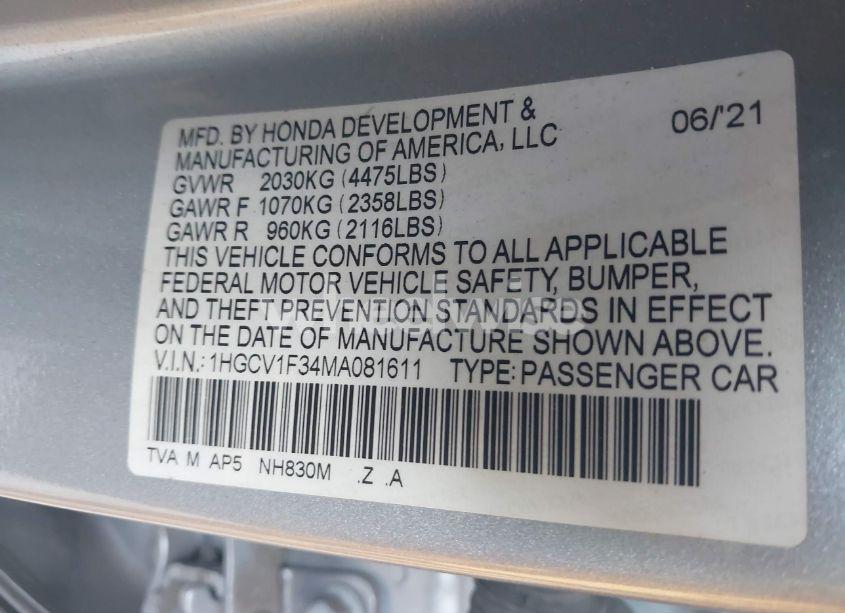 Photo 9 of 2021 Honda Accord SPORT (VIN 1HGCV1F34MA081611)