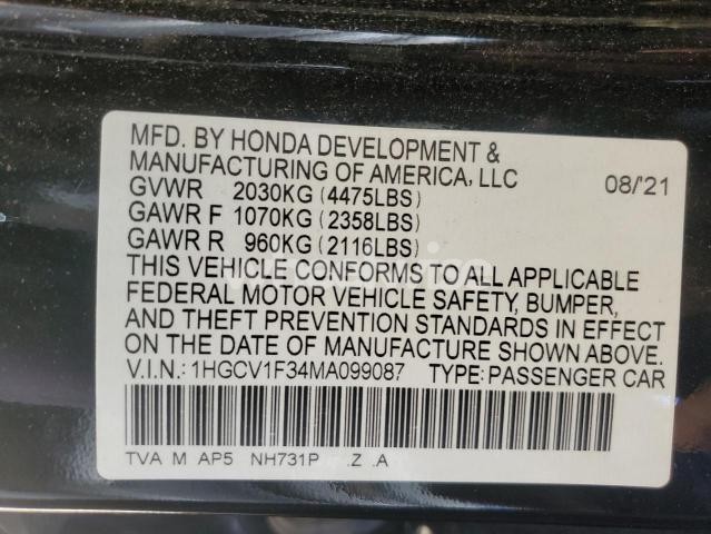 2021 HONDA ACCORD SPORT (VIN 1HGCV1F34MA099087) main photo