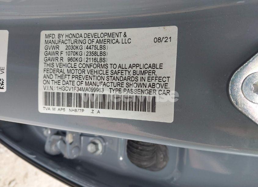 Photo 9 of 2021 Honda Accord SPORT (VIN 1HGCV1F34MA099963)