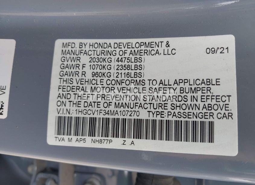 Photo 9 of 2021 Honda Accord SPORT (VIN 1HGCV1F34MA107270)