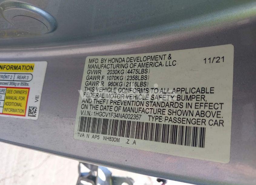 Photo 9 of 2022 Honda Accord SPORT (VIN 1HGCV1F34NA002357)