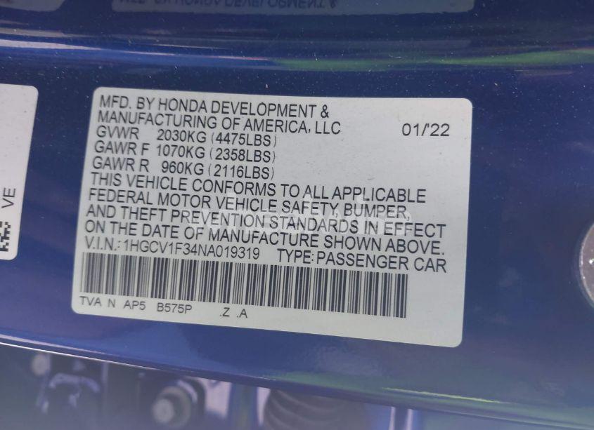 Photo 9 of 2022 Honda Accord SPORT (VIN 1HGCV1F34NA019319)