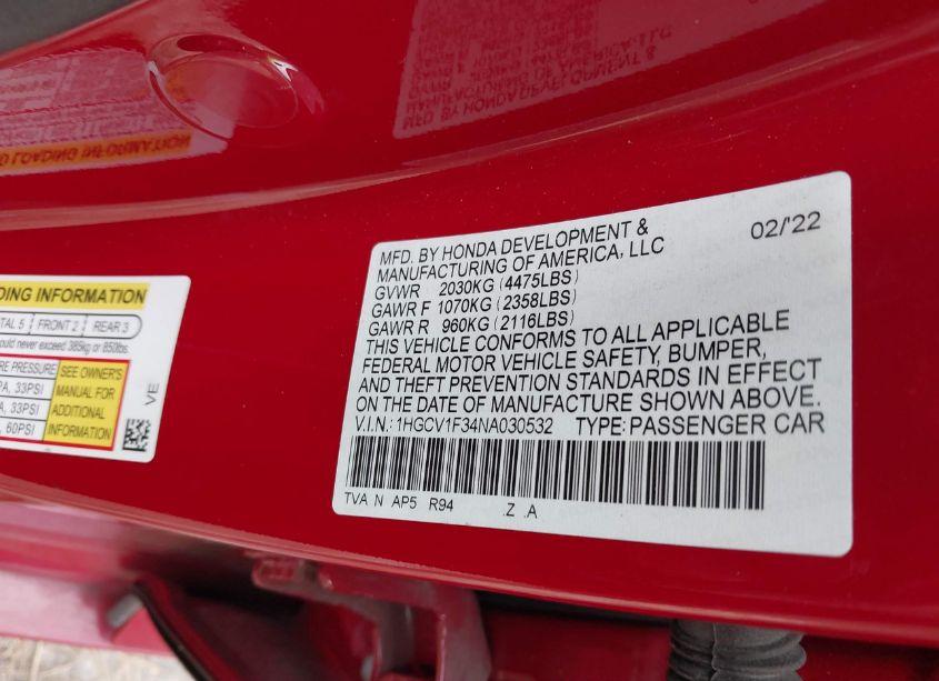 Photo 9 of 2022 Honda Accord SPORT (VIN 1HGCV1F34NA030532)