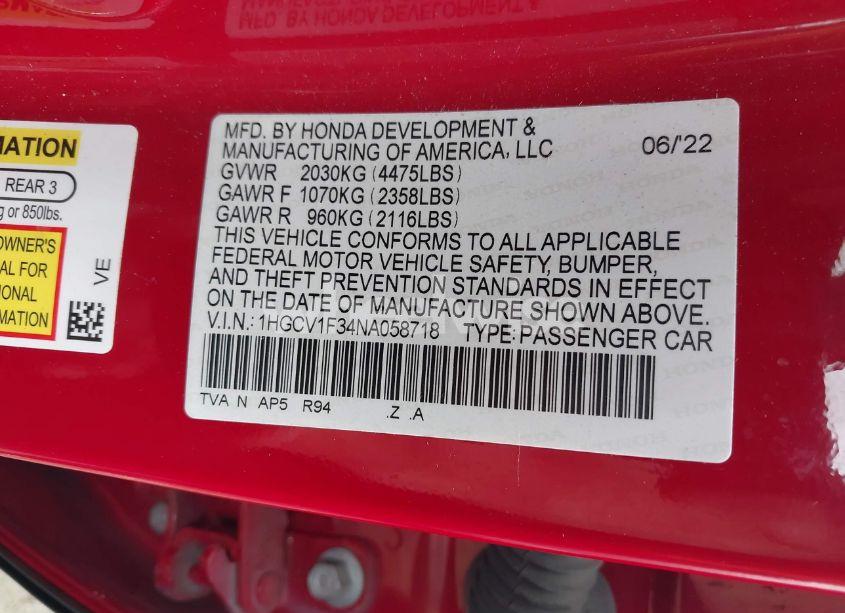 Photo 9 of 2022 Honda Accord SPORT (VIN 1HGCV1F34NA058718)