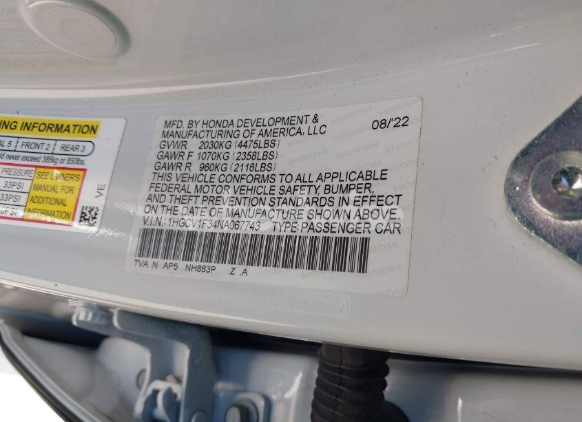 Photo 9 of 2022 Honda Accord SPORT (VIN 1HGCV1F34NA067743)