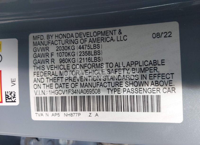 Photo 9 of 2022 Honda Accord SPORT (VIN 1HGCV1F34NA069508)