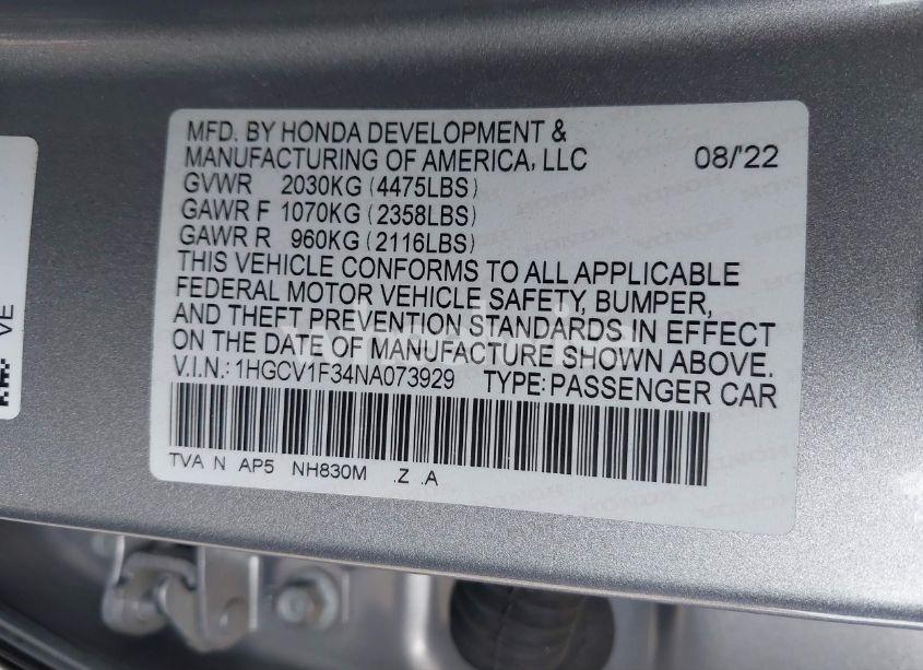 Photo 9 of 2022 Honda Accord SPORT (VIN 1HGCV1F34NA073929)