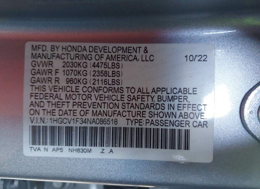 Photo 9 of 2022 Honda Accord SPORT (VIN 1HGCV1F34NA086518)