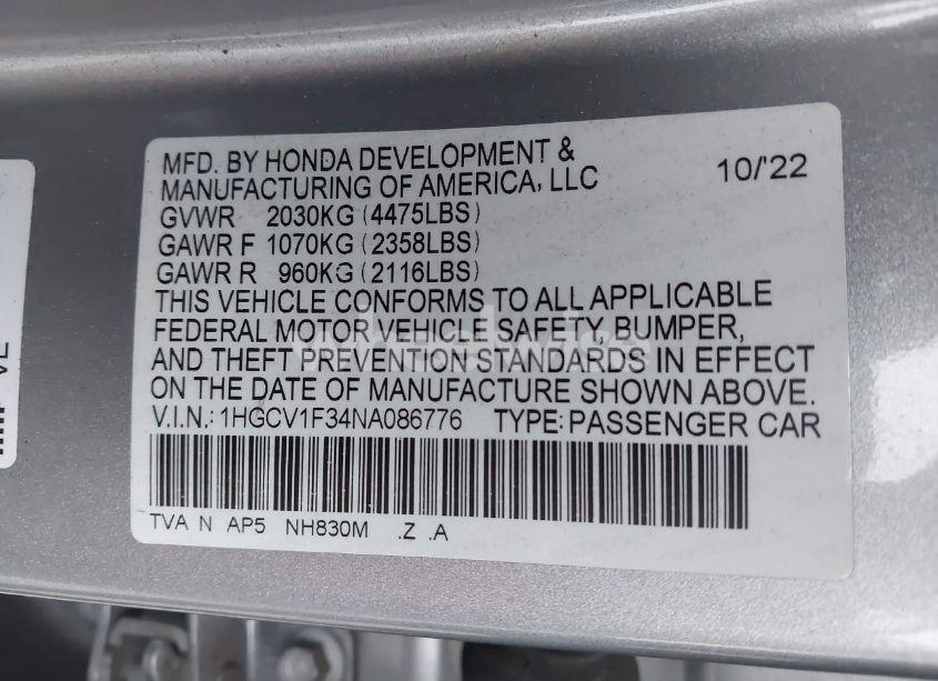 Photo 9 of 2022 Honda Accord SPORT (VIN 1HGCV1F34NA086776)