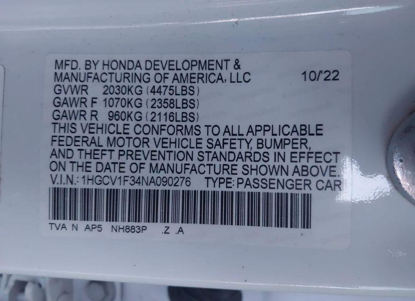 Photo 9 of 2022 Honda Accord SPORT (VIN 1HGCV1F34NA090276)