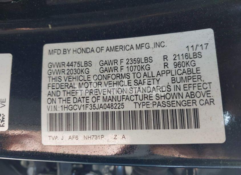 Photo 9 of 2018 Honda Accord SPORT (VIN 1HGCV1F35JA048225)