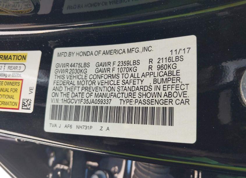 Photo 9 of 2018 Honda Accord SPORT (VIN 1HGCV1F35JA059337)