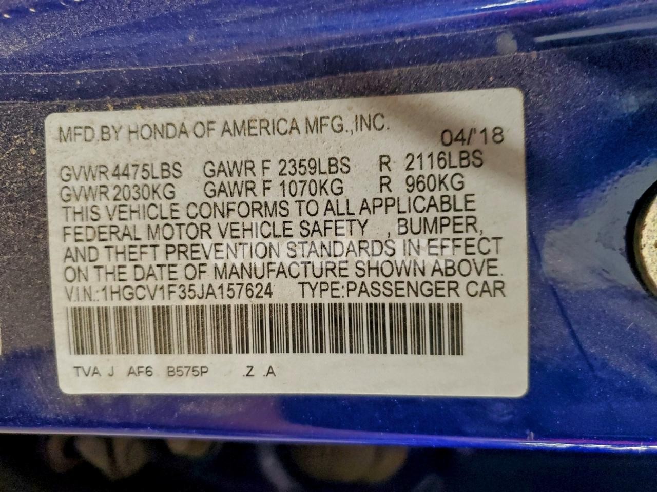 Photo 12 of 2018 HONDA ACCORD SPORT (VIN 1HGCV1F35JA157624)