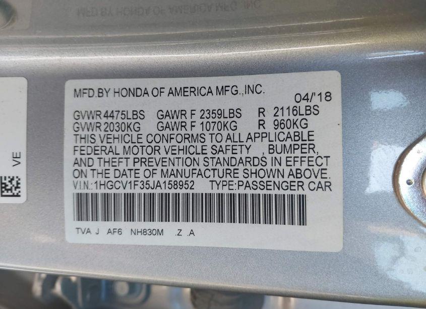 Photo 9 of 2018 Honda Accord SPORT (VIN 1HGCV1F35JA158952)