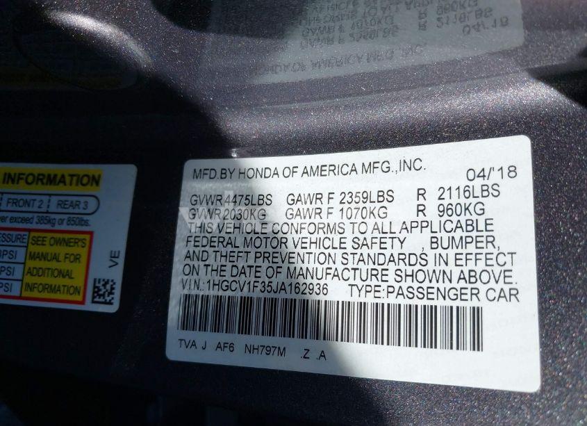 Photo 9 of 2018 Honda Accord SPORT (VIN 1HGCV1F35JA162936)