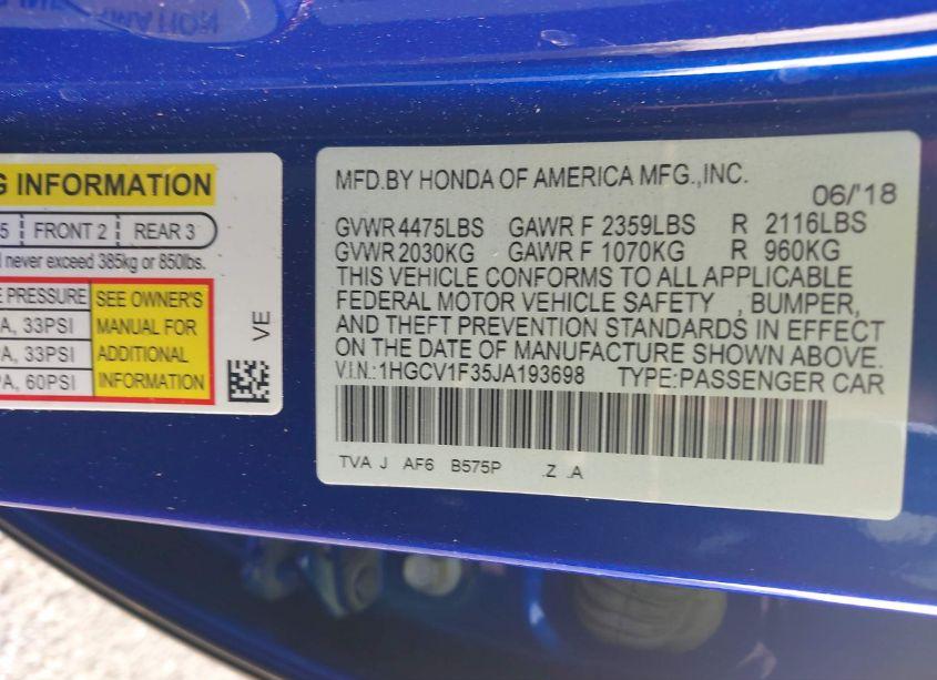 Photo 9 of 2018 Honda Accord SPORT (VIN 1HGCV1F35JA193698)