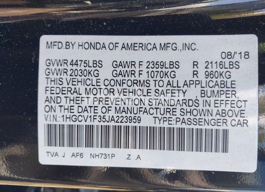 Photo 9 of 2018 Honda Accord SPORT (VIN 1HGCV1F35JA223959)