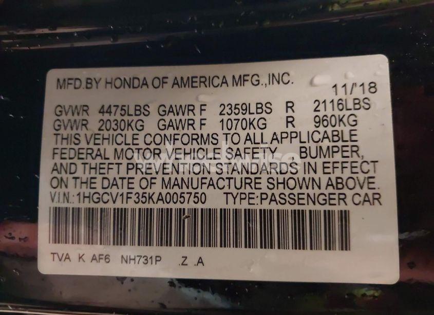 Photo 9 of 2019 Honda Accord SPORT (VIN 1HGCV1F35KA005750)