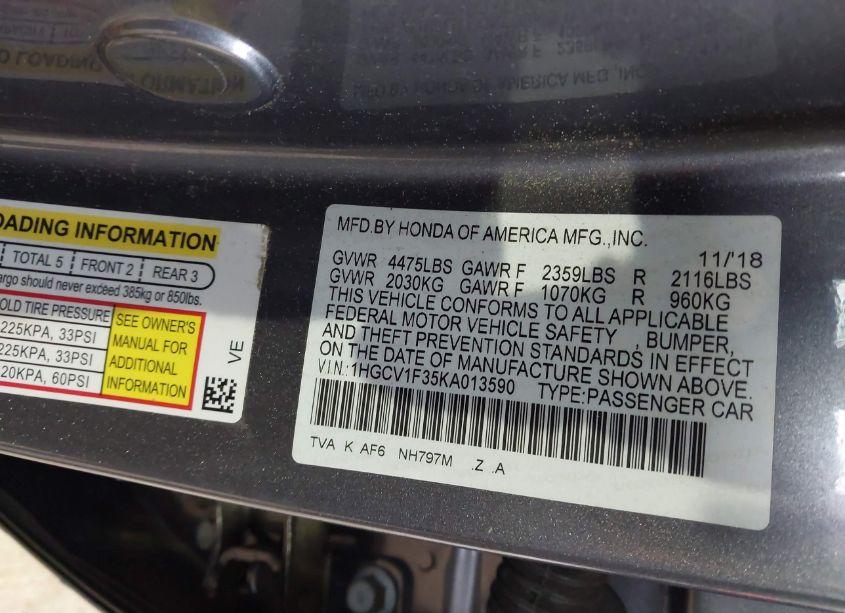 Photo 9 of 2019 Honda Accord SPORT (VIN 1HGCV1F35KA013590)