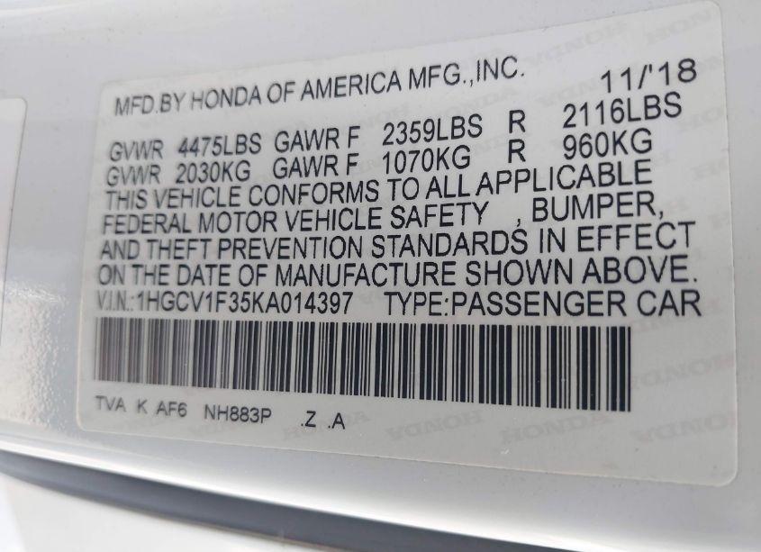 Photo 9 of 2019 Honda Accord SPORT (VIN 1HGCV1F35KA014397)