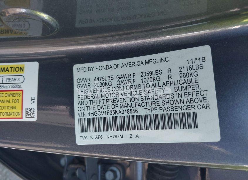 Photo 9 of 2019 Honda Accord SPORT (VIN 1HGCV1F35KA018546)