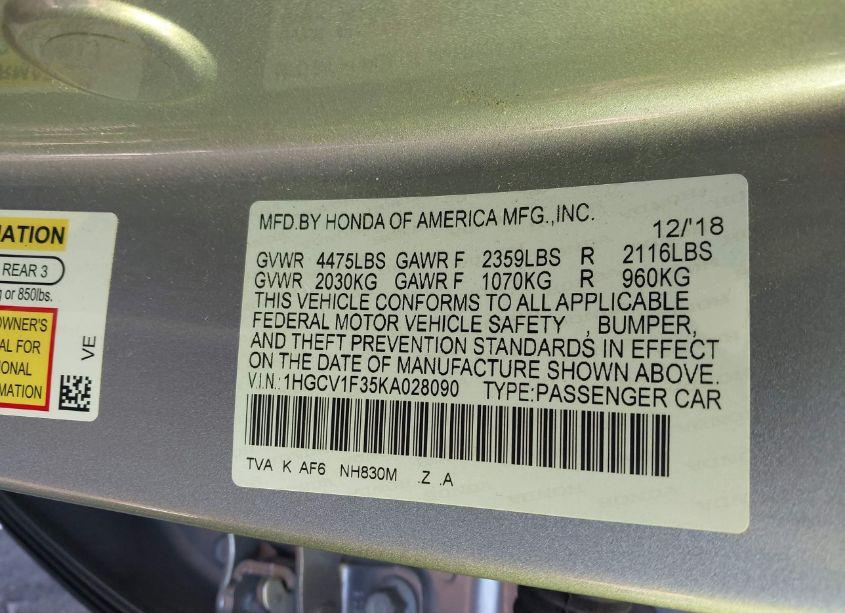 Photo 9 of 2019 Honda Accord SPORT (VIN 1HGCV1F35KA028090)