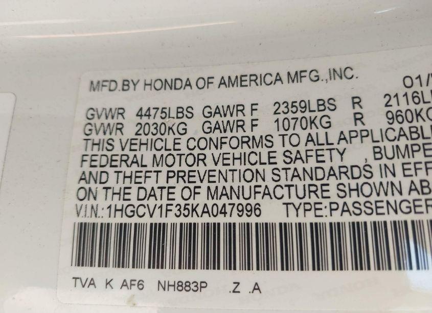 Photo 9 of 2019 Honda Accord SPORT (VIN 1HGCV1F35KA047996)