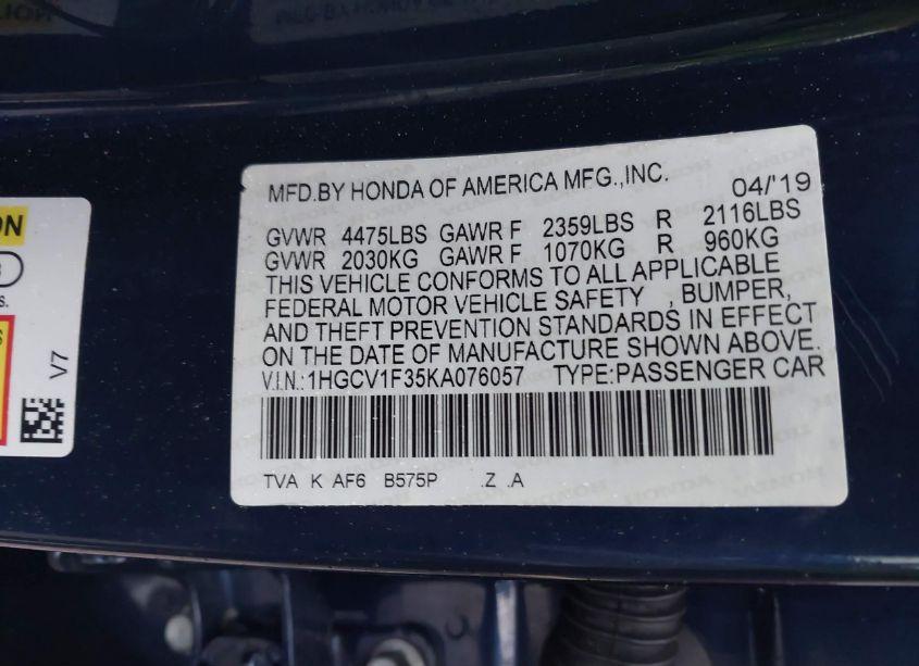 Photo 9 of 2019 Honda Accord SPORT (VIN 1HGCV1F35KA076057)