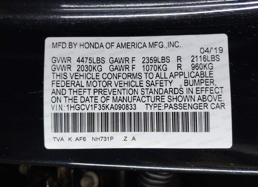 Photo 9 of 2019 Honda Accord SPORT (VIN 1HGCV1F35KA090833)