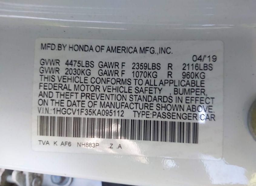 Photo 9 of 2019 Honda Accord SPORT (VIN 1HGCV1F35KA095112)