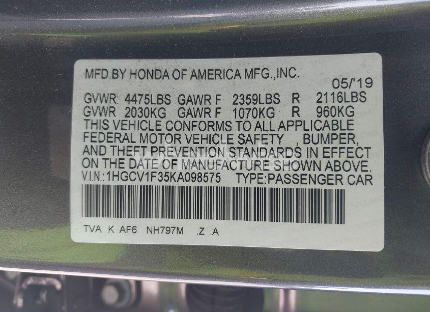 Photo 9 of 2019 Honda Accord SPORT (VIN 1HGCV1F35KA098575)