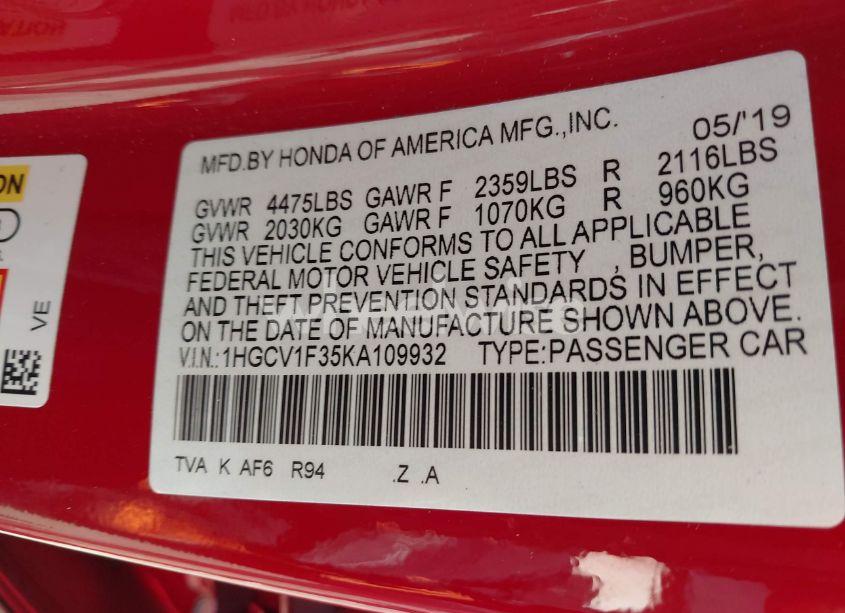 Photo 9 of 2019 Honda Accord SPORT (VIN 1HGCV1F35KA109932)