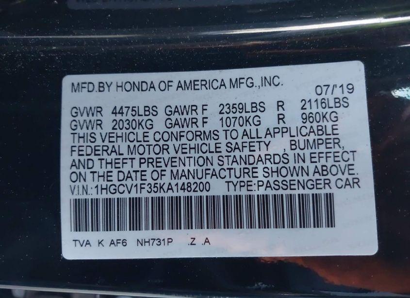 Photo 9 of 2019 Honda Accord SPORT (VIN 1HGCV1F35KA148200)