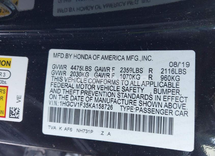 Photo 9 of 2019 Honda Accord SPORT (VIN 1HGCV1F35KA158726)