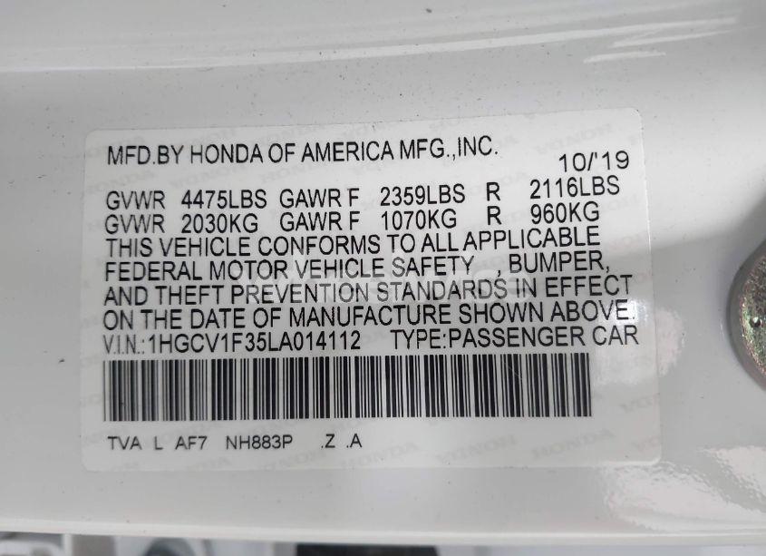 Photo 9 of 2020 Honda Accord SPORT (VIN 1HGCV1F35LA014112)