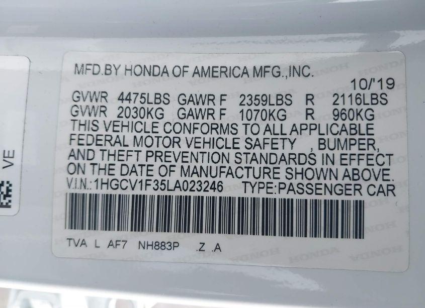 Photo 9 of 2020 Honda Accord SPORT (VIN 1HGCV1F35LA023246)