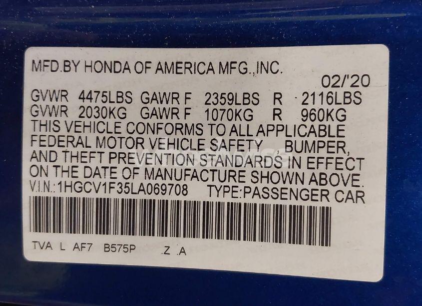 Photo 9 of 2020 Honda Accord SPORT (VIN 1HGCV1F35LA069708)