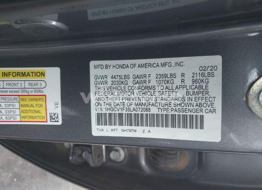 Photo 9 of 2020 Honda Accord SPORT (VIN 1HGCV1F35LA072088)