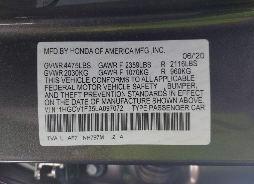 Photo 9 of 2020 Honda Accord SPORT (VIN 1HGCV1F35LA097072)