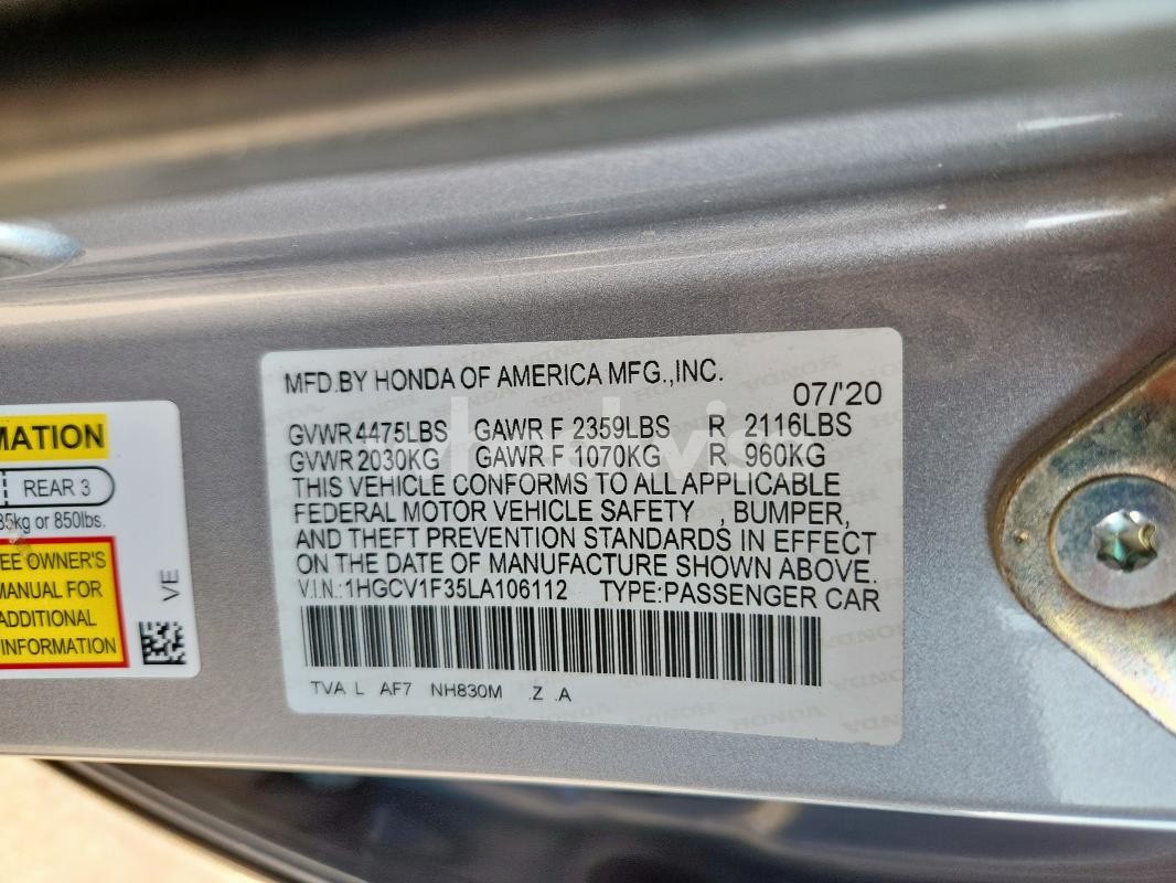 Photo 7 of 2020 HONDA ACCORD SPORT (VIN 1HGCV1F35LA106112)